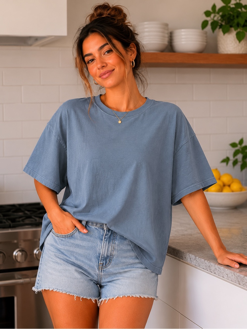 Relaxed brand light blue crewneck t-shirt with a subtle textured pattern